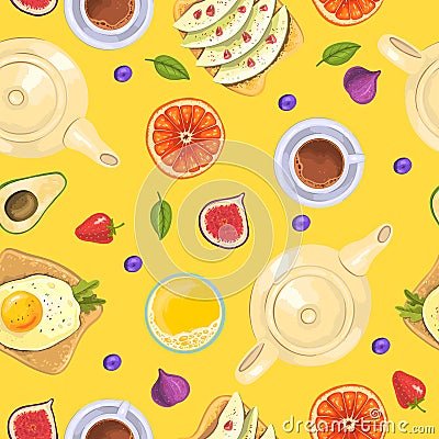 Vector stock seamless pattern with breakfast objects Vector Illustration